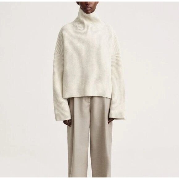 Toteme Sweater Wool-Blend Rib Knit Turtleneck Sz L Quiet Luxury Minimalist - Picture 1 of 15
